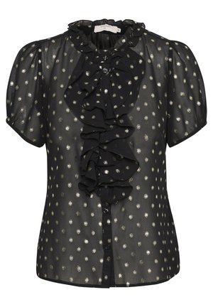 Schwarze transparente Bluse mit silbernen Tupfen, kurzen Puffärmeln, Rüschenkragen und Rüschen entlang der geknöpften Vorderseite.