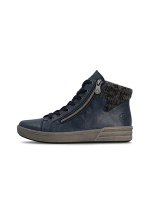 Navy blue high-top sneaker with gray sole, side zipper, black laces, and textured knit collar detail.