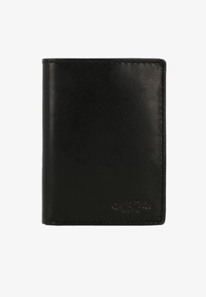 Melnas ādas maku ar teksturētu virsmu, kuram ir gludas malas un minimāla šuvju apdare, ar diskretu iespiestu logo apakšā.