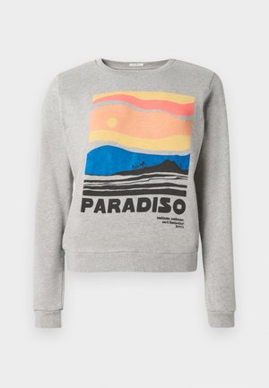 Grå sweatshirt med et fargerikt grafisk motiv med bølgende linjer, sol og fjell. Viser teksten "PARADISO" nederst. Myk tekstur, avslappet passform.