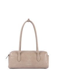 Sac à main rectangulaire en cuir beige avec deux longues sangles, fermeture éclair, et un discret logo "Lancaster Paris" au centre devant.