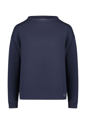 Marineblå sweatshirt med rund halsudskæring, sænket skulder og ribstrikkede manchetter. Har et diskret logo nær kanten. Blød stoftekstur.