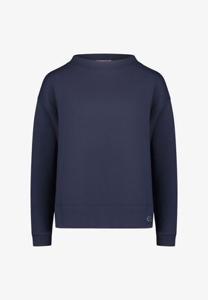 Marineblå sweatshirt med rund halsudskæring, sænket skulder og ribstrikkede manchetter. Har et diskret logo nær kanten. Blød stoftekstur.