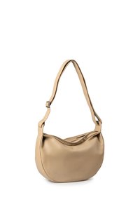 Borsa a spalla in pelle beige con forma arrotondata, tracolla regolabile e texture liscia. Presenta un'apertura con zip e un design minimalista.
