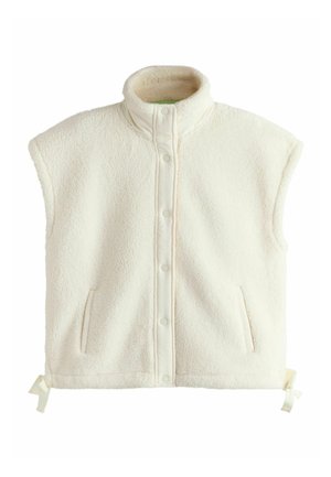 Ujjatlan krémszínű polár mellény álló gallérral, patentos elölzárral, oldalzsebekkel és állítható húzózsinórokkal az alsó szegélyen.