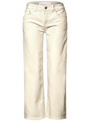 Helle cremefarbene Jeans mit weitem Bein aus Denim, ausgestattet mit Vordertaschen, einem Knopfverschluss und einer glatten Textur.