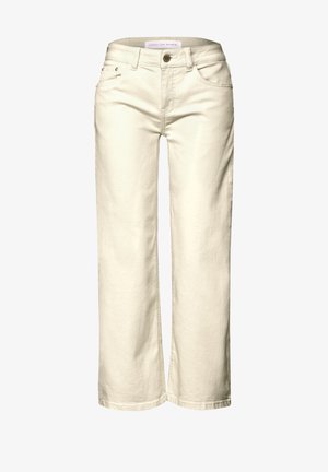 Jean large couleur crème clair en denim, avec poches avant, fermeture par bouton et texture lisse.