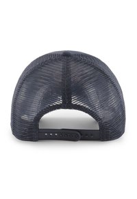 Navy blue mesh baseball cap with a plastic adjustable strap at the back and a rounded top. Open mesh design for breathability.