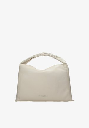 Borsa in pelle beige con manico intrecciato e forma rettangolare morbida, con un logo discreto impresso vicino al centro inferiore.
