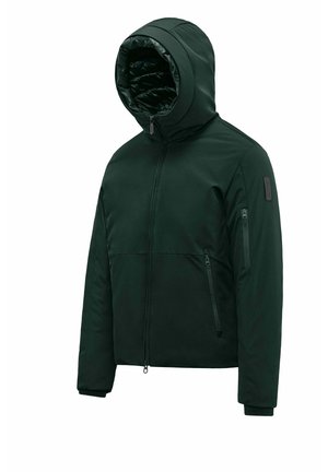 Donkergroen jack met capuchon, ritssluitingen aan de voorkant en op de mouwen, een volledige ritssluiting aan de voorkant en een doorgestikte voering in de capuchon.