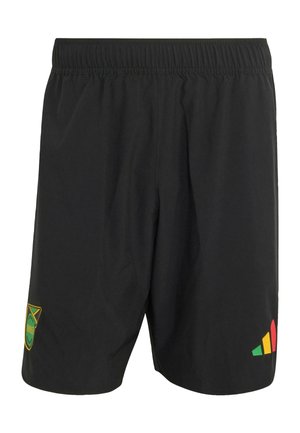 Pantalones cortos deportivos negros con cintura elástica, que presentan un parche con la bandera de Jamaica en la pierna izquierda y un logotipo geométrico multicolor en la pierna derecha.