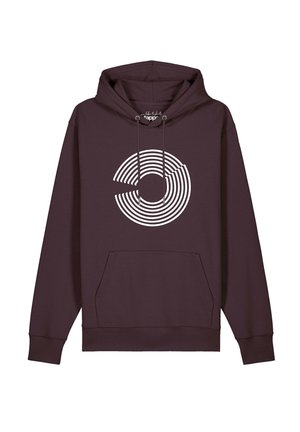 Dunkelbrauner Hoodie mit einer Fronttasche und einem weißen, kreisförmigen, konzentrischen Linien-Design in der Mitte.