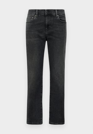 Men’s straight-leg black faded jeans with front button and five-pocket design on plain white background.