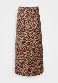 Beige ja musta leopardikuvandiga midi seelik, millel on sirge lõige, kaks tagumist taskut ja sile tekstuur.