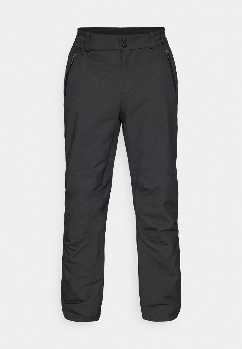 Zwarte geïsoleerde broek met een gladde textuur, voorzien van een knoopsluiting en twee zijzakken met rits. Elastische tailleband voor een verstelbare fit.