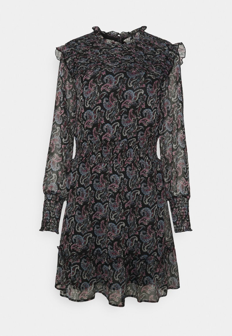 Robe noire à motif cachemire avec manches longues en voile transparent, corsage froncé, encolure à volants et ourlet à étages. Tissu léger et fluide.