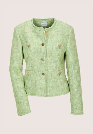 Hellgrüne Tweedjacke mit langen Ärmeln, rundem Ausschnitt, goldenen Knöpfen und vier Vordertaschen, mit dezenten ausgefransten Kanten.