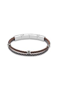 Bracciale in pelle e acciaio inossidabile che presenta una lavorazione intrecciata in pelle marrone e nera, con dettagli metallici in tonalità argento e un design elegante.