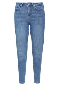 Jeans skinny em denim azul com cintura alta, design de cinco bolsos e fecho com zíper. O tecido tem uma textura suave e ligeiramente desbotada.