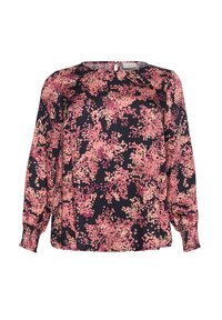 Blusa de manga larga en azul marino con un patrón floral rosa. Presenta un cuello redondo y puños fruncidos, fabricada con un tejido ligero.