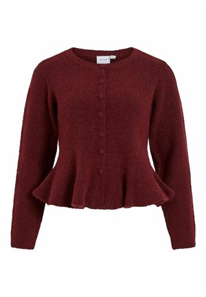 Tmavě červený pletený kardigan s peplum designem, kulatým výstřihem a zapínáním na knoflíky. Měkká textura a dlouhé rukávy zvyšují jeho teplo.