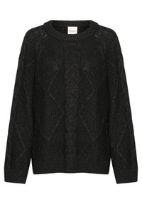 Sort strikket sweater med rund halsudskæring, løs pasform og diamantmønster tekstur. Blødt stof med ribbede ærmer og kant.