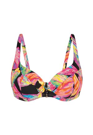 Błyszczący stanik w kolorowy wzór kwiatowy na czarnym tle. Posiada druciki, regulowane ramiączka oraz zapięcie na środku z dekoracyjnym okuciem.