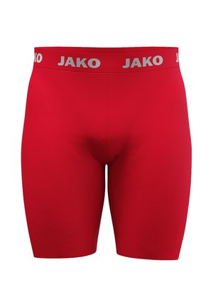 Red athletic compression shorts with a grey elastic waistband featuring the brand name JAKO repeated in white.