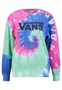 Langærmet Vans sweatshirt med pink, blå og grøn tie-dye spiral mønster og sort Vans-logo over brystet.
