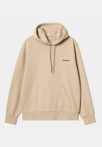 Sudadera beige hecha de una mezcla de algodón, con un bolsillo canguro en la parte frontal, capucha con cordón y logo negro de Carhartt en el pecho.