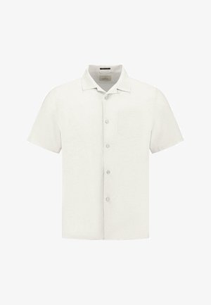 Koszula z krótkim rękawem, zapinana na guziki, w jasnym beżu, z delikatną teksturą, kołnierzykiem typu point oraz jedną kieszenią na piersi.