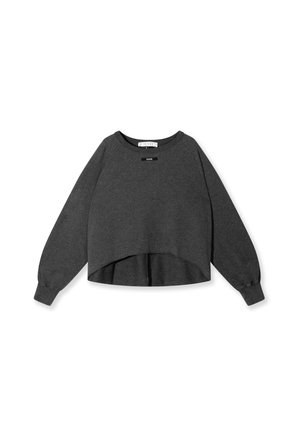 Grijze, korte sweatshirt met lange mouwen, ronde halslijn en een onafgewerkte zoom. Gemaakt van een zachte stof, met een klein label aan de voorkant.