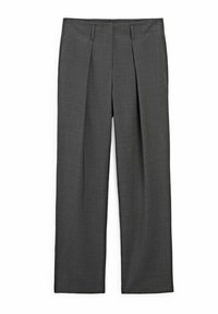 Donkergrijze formele broek met voorplooien, rechte pijpen en riemlussen.