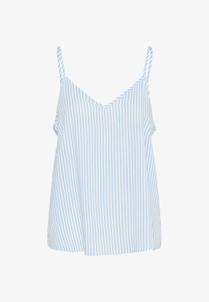 Blauw en wit gestreepte tanktop met dunne schouderbandjes, met een V-hals ontwerp en een losse, vloeiende vorm. Zachte stof textuur.