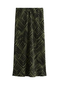 Jupe verte avec un motif géométrique noir, design fluide, coupe mi-longue et texture lisse. Taille élastique pour le confort.