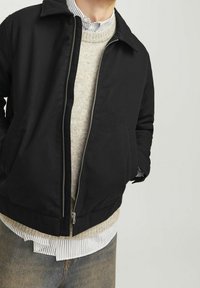 Giacca nera con chiusura a zip, colletto rialzato e tasche laterali, indossata sopra un maglione grigio chiaro e una camicia a righe, abbinata a un paio di jeans.