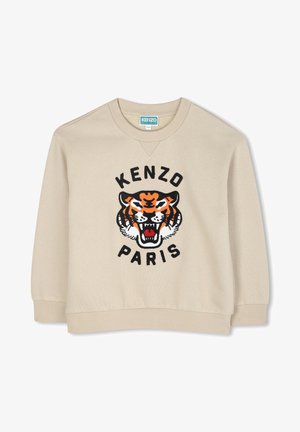 Felpa beige con scollo a girocollo, caratterizzata da un grande design di tigre nera e arancione e dalla scritta "KENZO PARIS", realizzata in tessuto morbido con polsini a costine.
