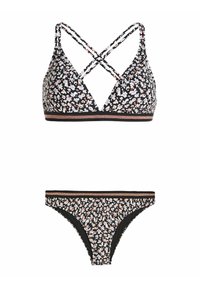 Set bikini floreale nero composto da un top triangolare con bretelle incrociate e pantaloni coordinati, entrambi con una fascia elastica decorativa.