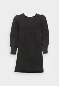 Vestido de ganga preto com mangas bufantes, gola redonda e detalhes de costura simples; comprimento até a meio da coxa, textura suave e silhueta descontraída.