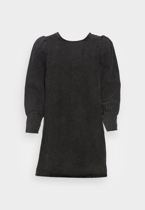 Vestido de ganga preto com mangas bufantes, gola redonda e detalhes de costura simples; comprimento até a meio da coxa, textura suave e silhueta descontraída.