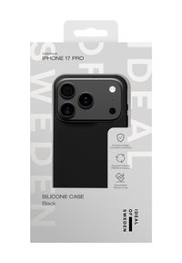 Zwarte siliconen hoes voor iPhone 17 Pro, met een gladde textuur en uitsparingen voor cameralenzen. Verpakt met beschermende ontwerpdetails.