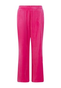 Fuchsia fluwelen broeken met een rechte pijpdesign, elastische tailleband en een gladde textuur, in een effen kleur zonder patronen of accenten.