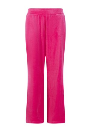 Fuksia fløyelsbukser med rett ben-design, elastisk midje og glatt tekstur, med en ensfarget farge uten mønstre eller aksenter.
