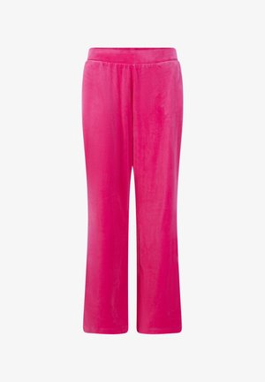 Fukszia bársony nadrág egyenes szárú kialakítással, rugalmas derékpánttal és sima textúrával, egyszínű, minta vagy kiegészítők nélkül.