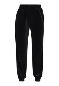 Zijdezwarte joggers met een elastische tailleband, taps toelopende manchetten en zijzakken. Glad textuur met een zachte afwerking.
