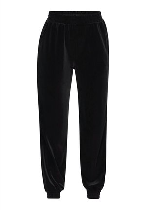 Zijdezwarte joggers met een elastische tailleband, taps toelopende manchetten en zijzakken. Glad textuur met een zachte afwerking.