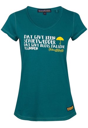 T-shirt turquoise à manches courtes avec un col en V, featuring du texte blanc et jaune et un graphique de parapluie. Étiquette cousue dans l'ourlet inférieur.