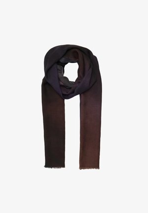 Écharpe douce présentant un dégradé ombragé allant du violet foncé au marron, avec une texture lisse et des bords frangés, mettant en valeur un design moderne.