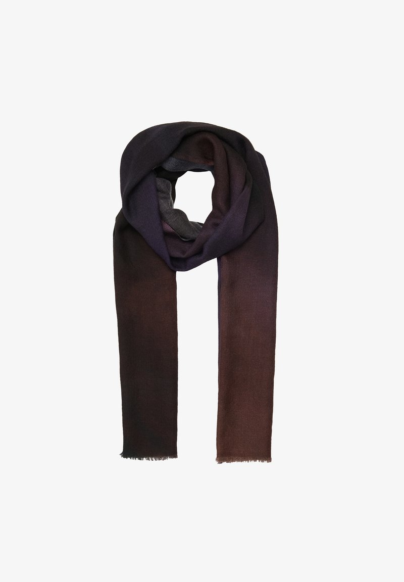 Zachte sjaal met een ombre-gradiënt van donkerpaars naar bruin, met een gladde textuur en franjes aan de randen, die een modern ontwerp toont.