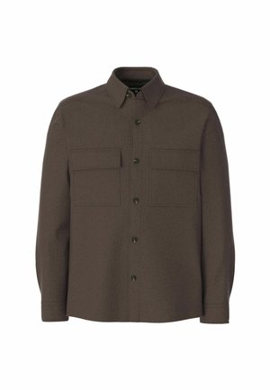 Brown button-up shirt made of textured fabric, featuring two chest pockets and a collar. Subtle pattern throughout; front buttons in dark color.